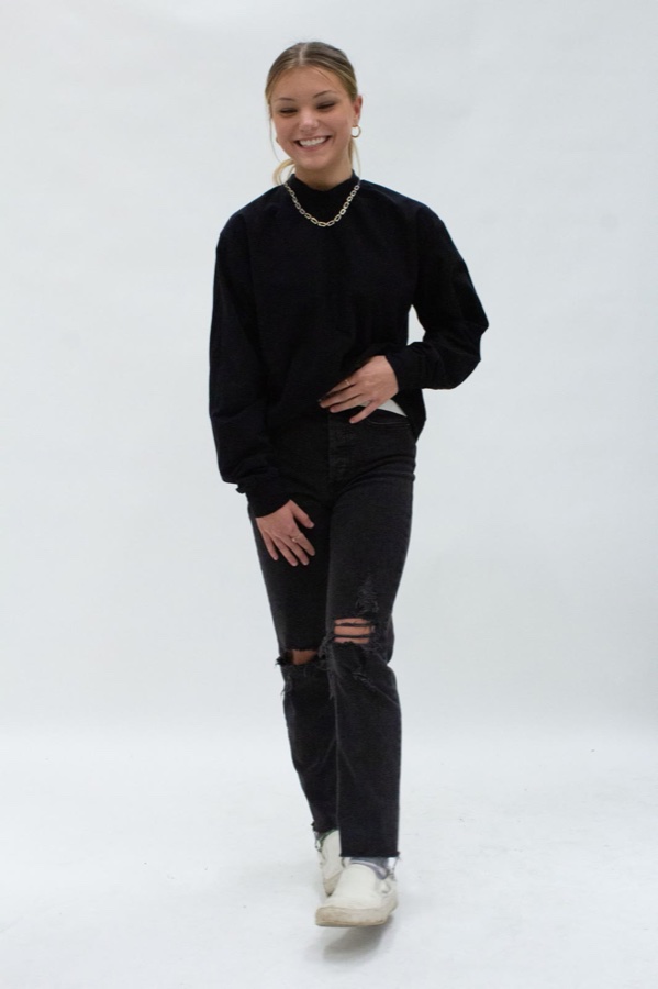 The Perfect Tee — a black long sleeve with a tight mock collar, no graphic